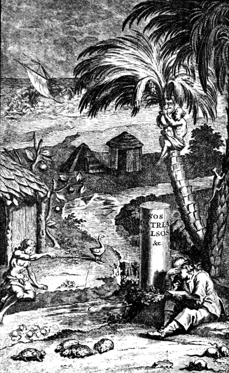 Leguat 1708 年游记的卷首画，画中可见人物、植物、鸟与陆龟。