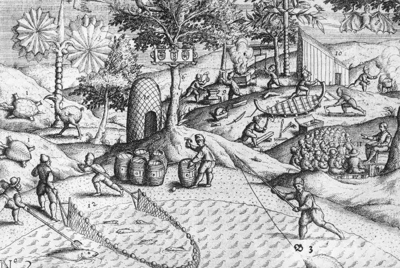 1601年《Het Tweede Boeck》中的毛里求斯岛场景，可见巨陆龟与周围动物。
